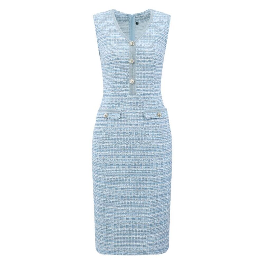 Sleeveless Tweed Summer Office Work V Neck Bodycon Pencil Dresses Blue